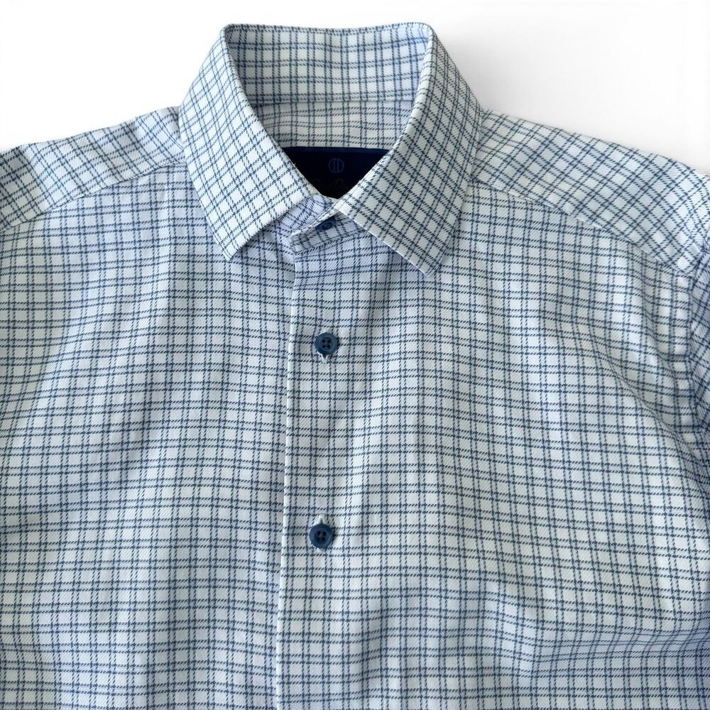 David Donahue Trim Fit‎ Dress Shirt Mens 14.5 32/33 White Blue Plaid Check Slim - Picture 4 of 14
